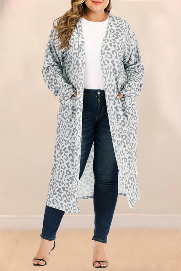 Grey Fashion Casual Leopard Long Sleeve Cardigan (Only Coat)