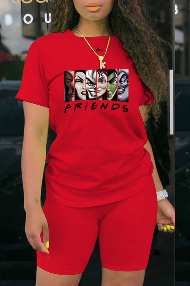 Red Fashion Sexy Print Split Joint O Neck Long Sleeve Two Pieces
