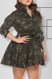 Camouflage Fashion Camouflage Print Sequins Patchwork Turndown Collar Long Sleeve Plus Size Dresses