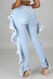 Light Blue Street Solid Tassel Ripped Make Old Patchwork Flounce High Waist Skinny Denim Jeans