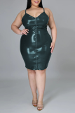 Green Sexy Solid Split Joint Spaghetti Strap Pencil Skirt Plus Size Dresses