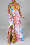 Multicolor Sexy Print Patchwork Backless Flounce Asymmetrical V Neck Sling Dress Dresses