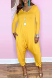 Yellow Fashion Casual Solid Basic V Neck Harlan Jumpsuits