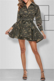 Camouflage Fashion Camouflage Print Sequins Patchwork Turndown Collar Long Sleeve Dresses