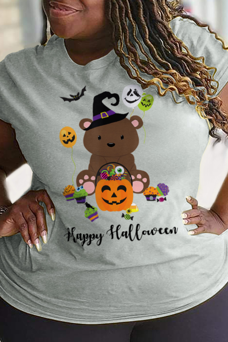 

Grey Party Cute Character Split Joint O Neck Plus Size Tops