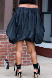 Black Casual Print Split Joint Off the Shoulder Lantern Skirt Dresses
