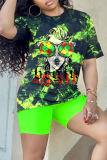 Multicolor Fashion Casual Print Basic O Neck Short Sleeve Two Pieces