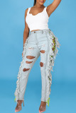Light Color Sexy Solid Tassel Ripped Bandage Make Old Straight Denim Jeans
