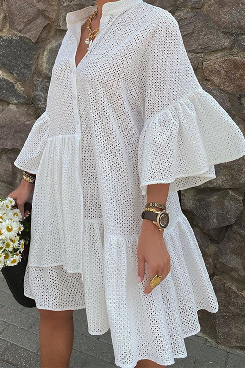 

White Sweet Solid Flounce Mandarin Collar Shirt Dress Dresses
