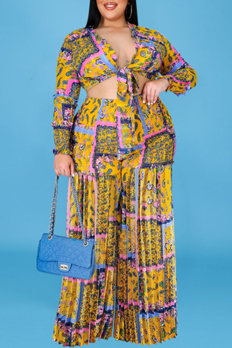 Yellow Sexy Print Flounce Fold Smocking V Neck Plus Size Two Pieces