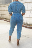 Blue Casual Solid Patchwork O Neck Harlan Jumpsuits