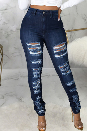 Dark Blue Fashion Casual Solid Ripped High Waist Regular Denim Jeans