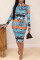 Yellow Blue Casual Print Patchwork With Belt Zipper Collar One Step Skirt Dresses