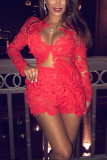 Red Sexy Fashion Long Sleeve Short Lace Set