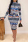 Blue Casual Print Split Joint With Belt Zipper Collar One Step Skirt Dresses