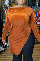 Orange Fashion Casual Solid Slit Zipper Boat Neck Plus Size Tops