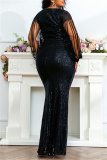Black Gold Fashion Sexy Plus Size Solid Sequins V Neck Evening Dress