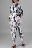 Grey Casual Print Split Joint Buckle Turndown Collar Long Sleeve Two Pieces