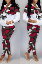 Red Casual Camouflage Print Split Joint Zipper Collar Long Sleeve Two Pieces