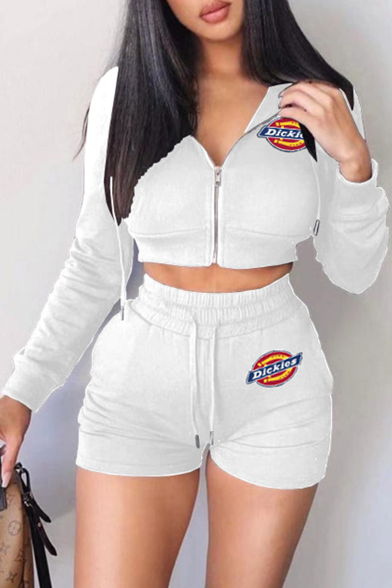 

White Fashion Sportswear Print Split Joint Hooded Collar Long Sleeve Two Pieces