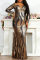Black Gold Fashion Sexy Plus Size Patchwork Sequins V Neck Long Sleeve Evening Dress