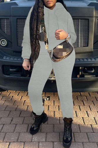 Grey Fashion Casual Solid Basic Hooded Collar Long Sleeve Two Pieces