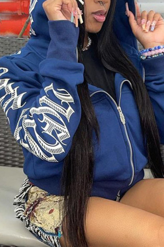 Blue Street Print Patchwork Hooded Collar Tops