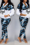 Red Casual Camouflage Print Patchwork Zipper Collar Long Sleeve Two Pieces