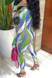 Green Sexy Casual Print Bandage Hollowed Out O Neck Jumpsuits