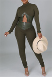 Army Green Fashion Casual Patchwork Zipper Half A Turtleneck Long Sleeve Two Pieces