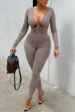 Grey Sexy Solid Hollowed Out Patchwork Frenulum V Neck Regular Jumpsuits