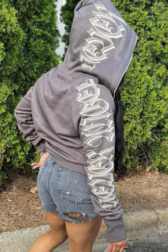 Grey Street Print Patchwork Hooded Collar Tops