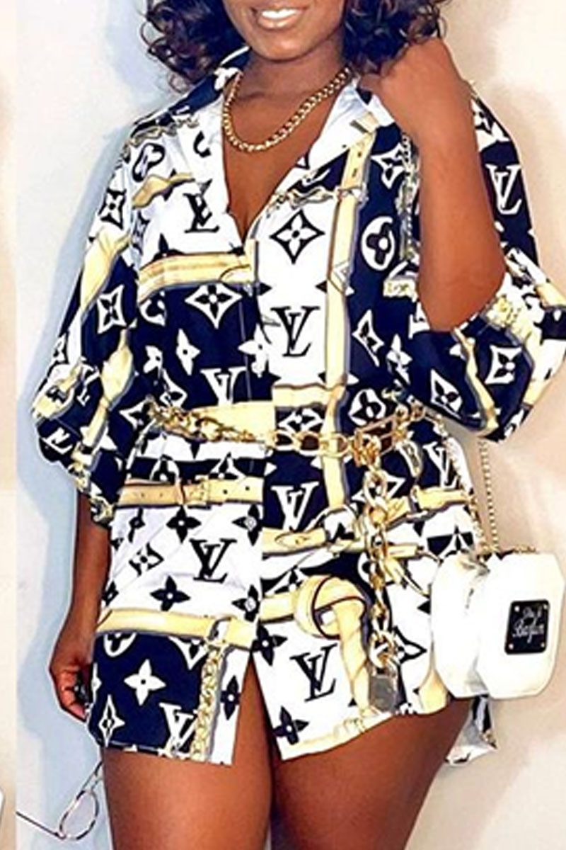 

White Fashion Casual Print Split Joint Turndown Collar Tops