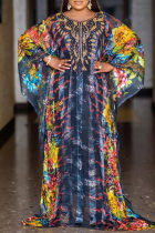 Multicolor Fashion Casual Plus Size Print Hot Drill O Neck Long Dress