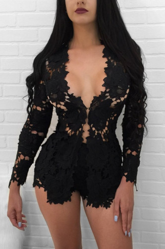 Black Sexy Fashion Long Sleeve Short Lace Set