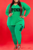 Pink Casual Print Patchwork V Neck Plus Size Two Pieces