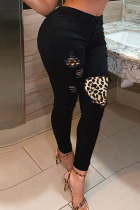 Black Fashion Street Adult Denim Patchwork Leopard Ripped Split Joint Pants Plus Size