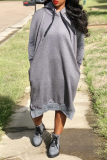 Grey Casual Solid Split Joint Hooded Collar Straight Dresses
