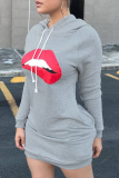 Light Gray Fashion Casual Lips Printed Basic Hooded Collar Long Sleeve Dresses