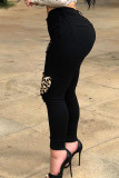 Black Fashion Street Adult Denim Patchwork Leopard Ripped Split Joint Pants Plus Size