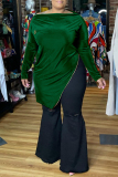 Green Fashion Casual Solid Slit Zipper Boat Neck Plus Size Tops