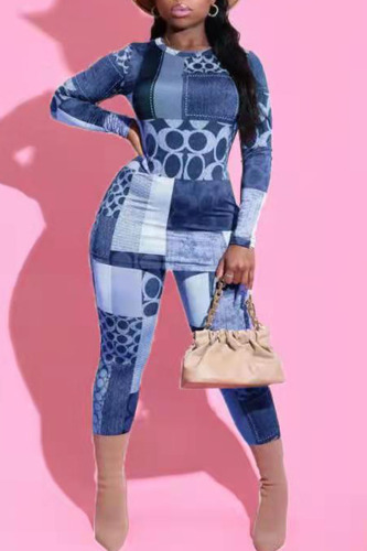 Blue Casual Print Patchwork O Neck Long Sleeve Two Pieces