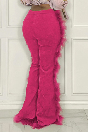 Rose Red Fashion Solid Split Joint Feathers Boot Cut High Waist Speaker Solid Color Bottoms