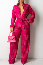 Rose Red Fashion Casual Print With Belt Turndown Collar Regular Jumpsuits