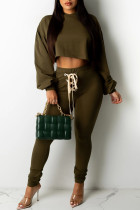 Dark Green Fashion Casual Solid Basic Hooded Collar Long Sleeve Two Pieces