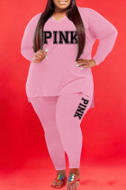 Pink Casual Print Split Joint V Neck Plus Size Two Pieces