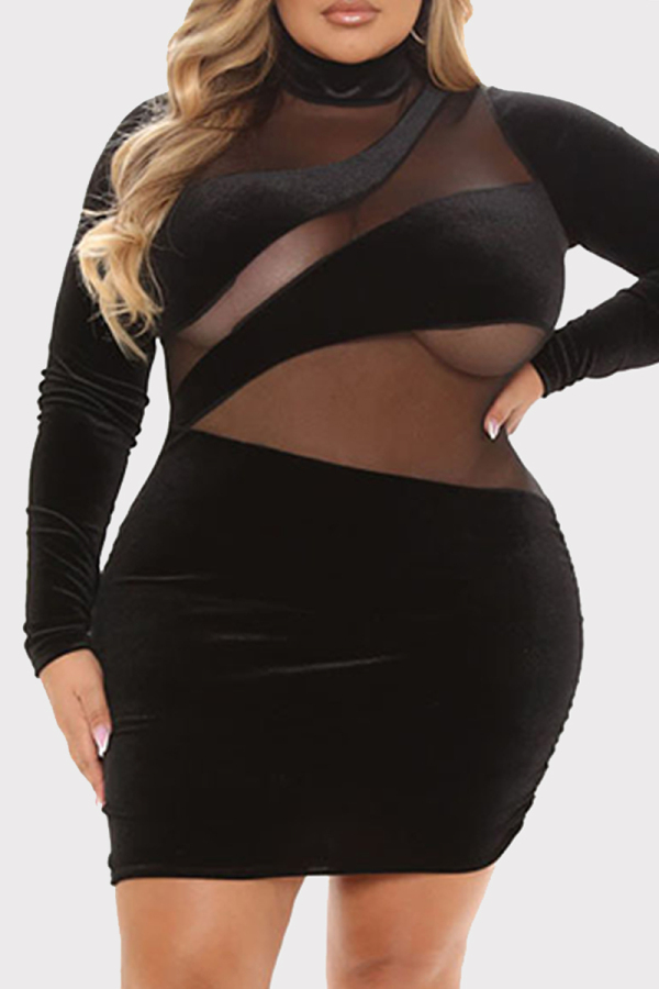 Black Fashion Sexy Patchwork See-through Turtleneck Long Sleeve Plus Size Dresses