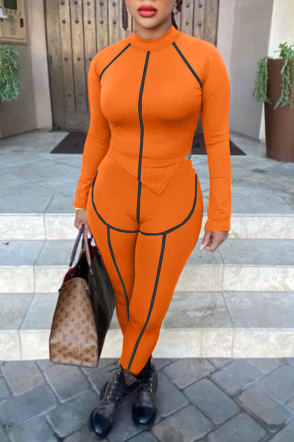 Orange Fashion Casual Patchwork Asymmetrical O Neck Long Sleeve Two Pieces