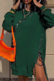 Ink Green Fashion Casual Solid Bandage O Neck Long Sleeve Dresses