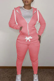 Pink Casual Solid Patchwork Zipper Hooded Collar Long Sleeve Two Pieces
